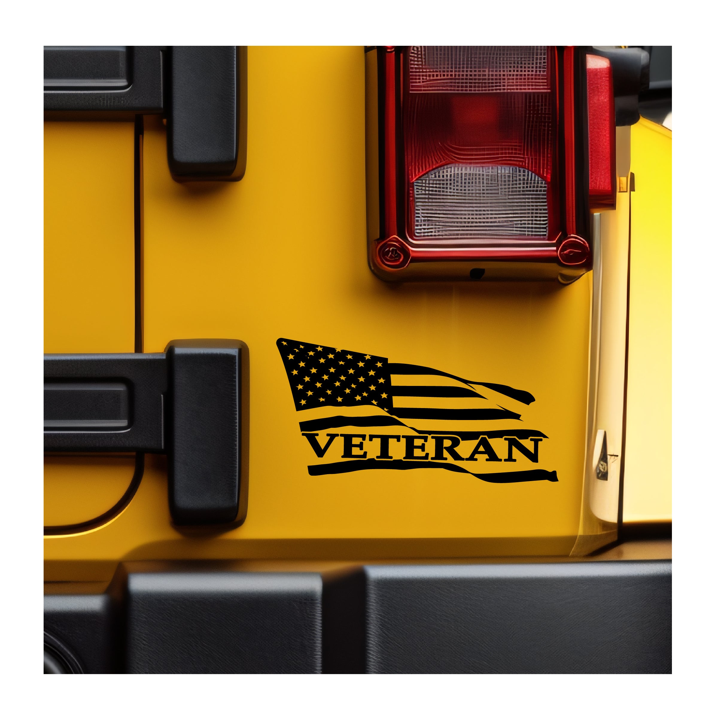 Yellow vehicle door with American flag and 'Veteran' text decal